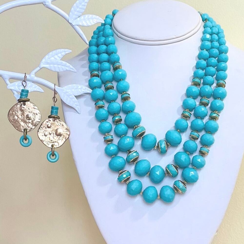 Vtg Boho Chic Bead Descending Necklace Earrings Turquoise Gold Tone Dangle Drop